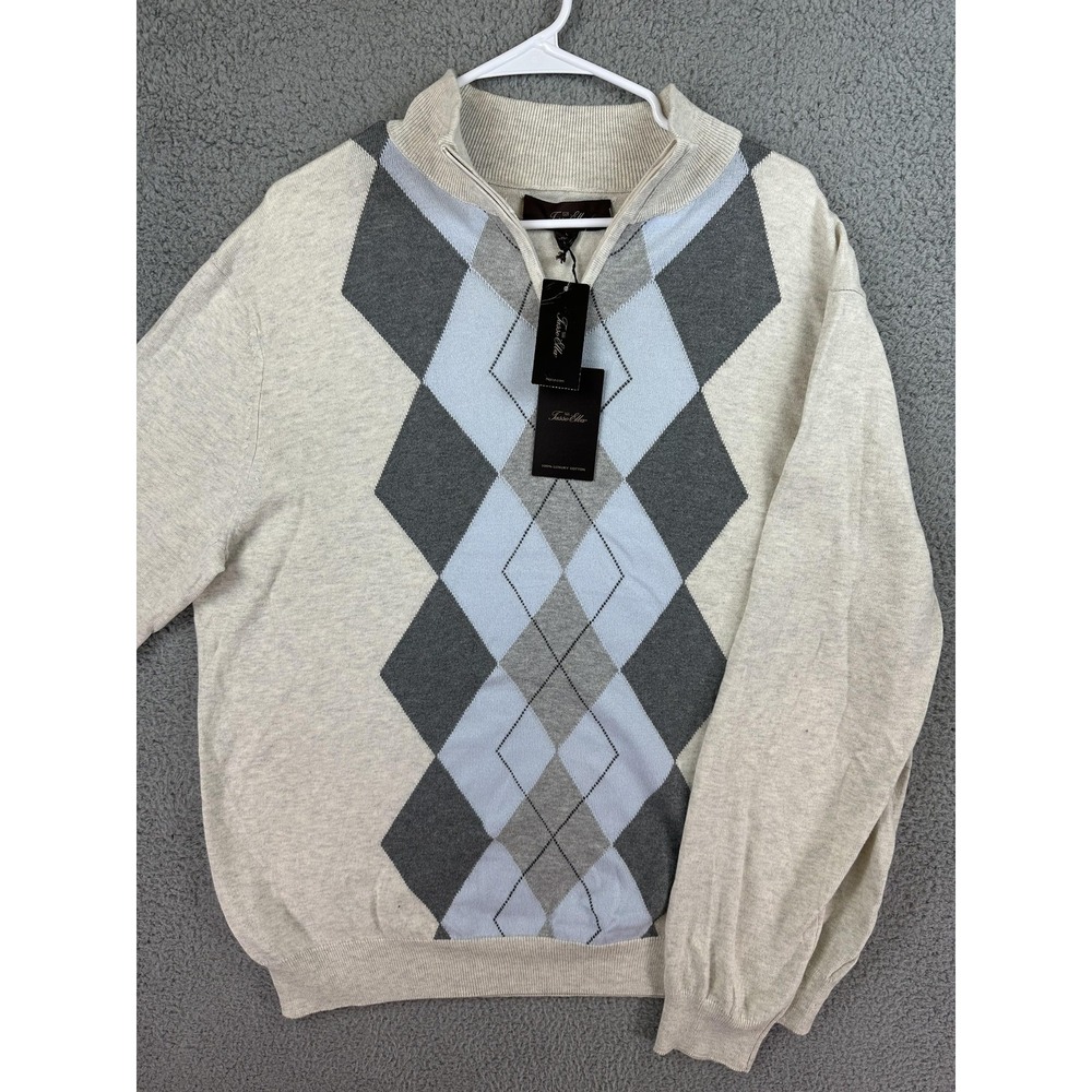 Tasso Elba Sweater Mens Large Gray Blue Argyle Quarter Zip Pullover Cotton New